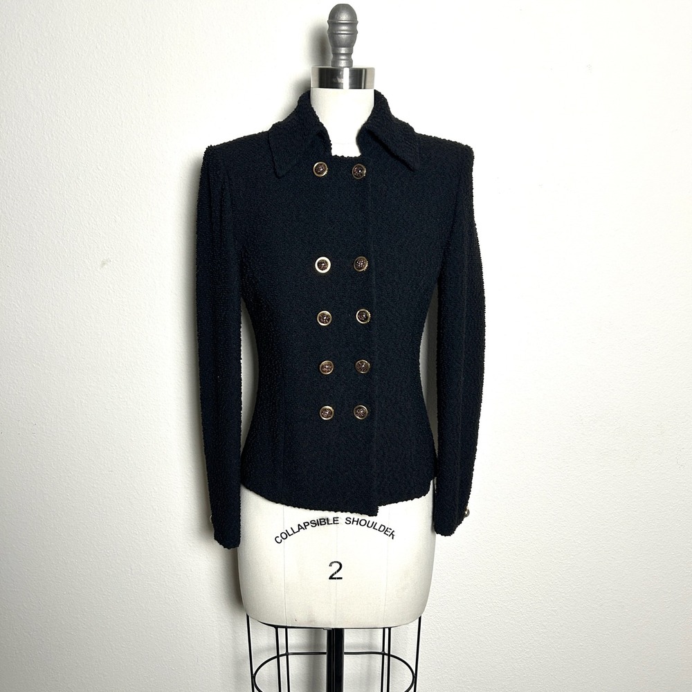 St. John Black Santana Knit Double Breasted Blazer Jacket Women Size 2 Vintage